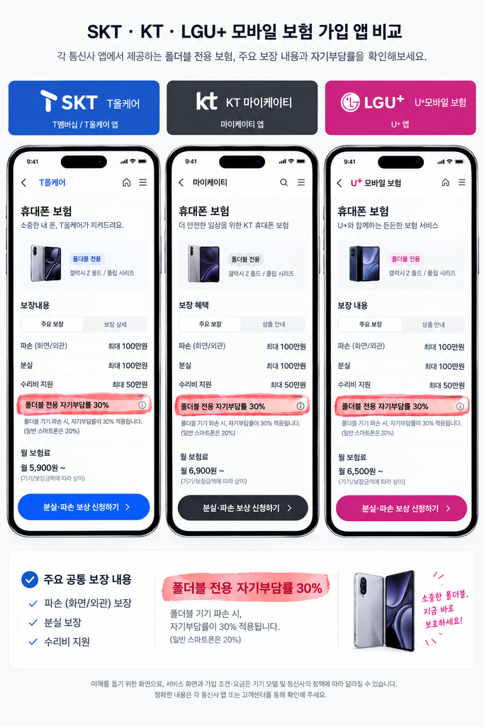 통신사 폴더블 파손보험 자기부담률 30퍼센트 및 분실 보장 약관 비교 화면