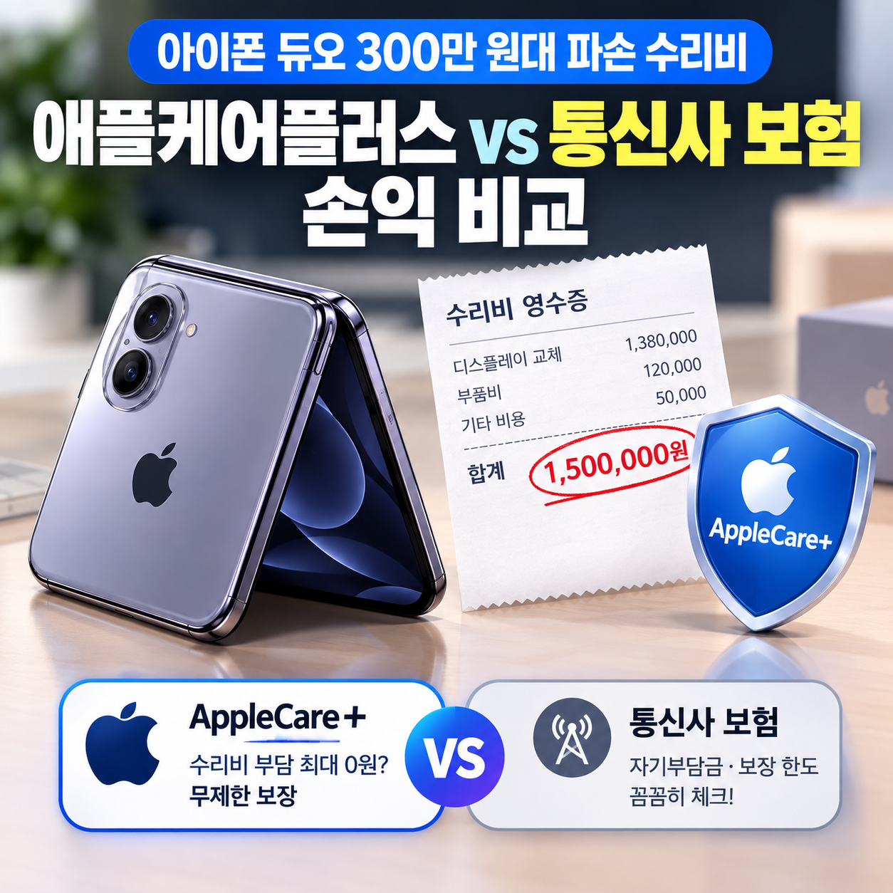 아이폰 듀오 300만 원대 수리비 폭탄 방어를 위한 애플케어플러스 비교 방패 로고